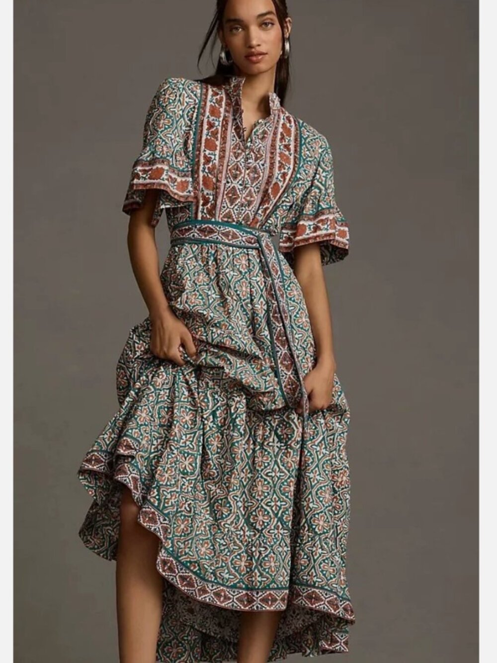 NWT Anthropologie Sue Sartor Tiered Flouncy Kaftan Maxi Shirt Dress Women Medium - Picture 2 of 15